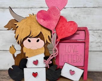 Valentine’s Day Highland Cow Wooden Decor | Love Letters & Heart Balloons | 11" x 11"