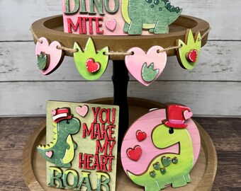 Dinosaur-Themed Valentine’s Day Tiered Tray Set |  Tiered Tray Mini Seasonal Decor Bundle