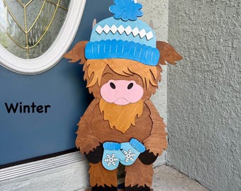 Interchangeable Highland Porch Cow Wooden Decor | 12 Seasonal Hat & Accessory Sets | 27” Tall