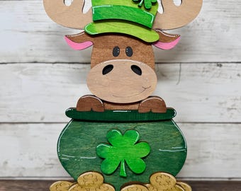 St. Patrick's Day Moose Decor | Wooden Moose in Pot of Gold | Rustic Farmhouse Wildlife Whimsy