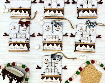 Marshmallow Family on a S'more - Laser Engraved Wooden Christmas Ornament - Family Ornament - Annual Ornament