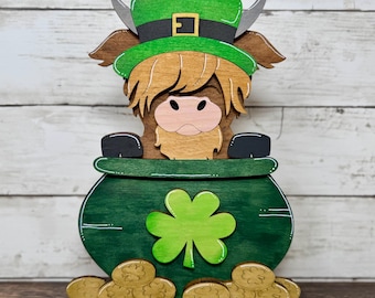 St. Patrick's Day Highland Cow Decor | Wooden Cow in Pot of Gold | Rustic Farmhouse Wildlife Whimsy