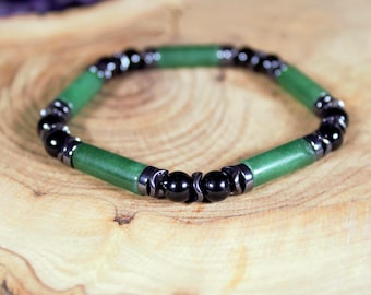 Green Jade Tube Bead Bracelet • Onyx & Hematite Accents