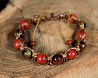 Tiger Eye & Red Jasper Macrame Bracelet • Boho Gemstone Jewelry