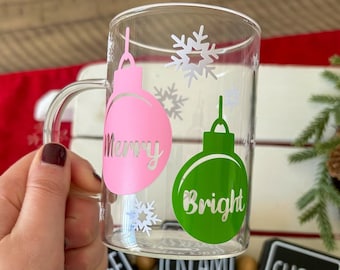 Merry And Bright Coffee Mug, Christmas Coffee Mug, Festive Mug, Holiday Cups, Glass Mug, Coffee Mugs, Christmas Mugs