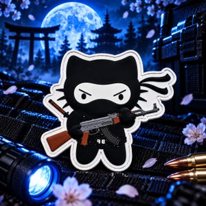 May include: A black and white rubber patch featuring a cartoon ninja cat character wearing a mask and holding a rifle with a brown stock. The character has pointed ears, whiskers, and a headband. The patch has a white border and a flat design.