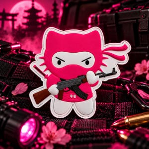 May include: A pink and white rubberized patch featuring a cartoon character dressed as a ninja, wearing a mask and headband, holding a black and brown rifle. The character has a white face, pointed ears, and the letters 3F on its chest.