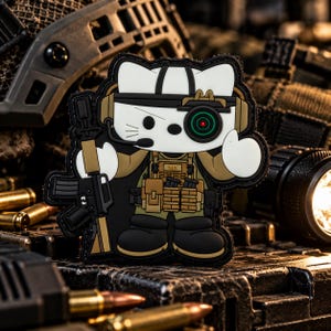 May include: A rubber morale patch featuring a white cartoon cat character dressed in tactical gear, including a tan plate carrier, headset, and a monocle-style optic over one eye, while holding a black rifle in its right hand.