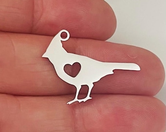 Mirrored Stainless Steel Cardinal Charm, Heart Cutout (26mm)