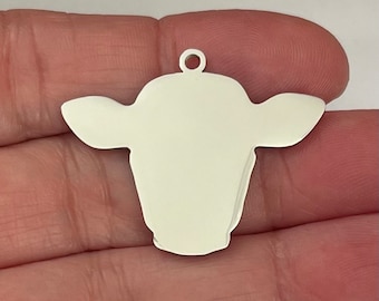 Large Mirrored Stainless Steel Cow Face Charm, 35mm with Jump Ring