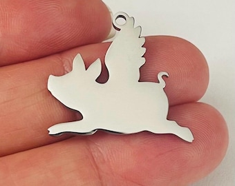 Mirrored Stainless Steel Flying Pig Charm, 23mm