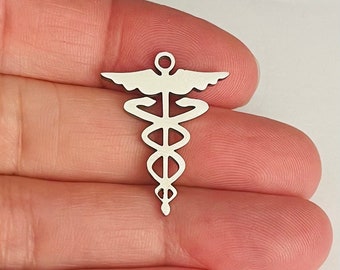 Mirrored Stainless Steel Caduceus Charm, 20mm, Medical Jewelry
