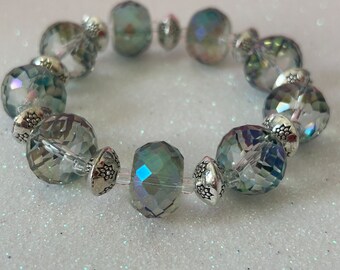 Blue Green Crystal Glass Bead Stretch Adult Size BRACELET wedding vacation gala birthday fancy jewelry elegant shiny sparkle