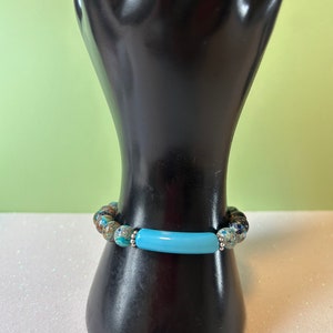 Curved Blue Imperial Jasper Glass Marbled Beads Stretch BRACELET shiny smooth elegant party new year gala concert wedding vacation handmade