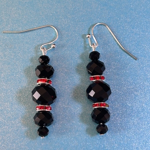 Onyx Black glass crystal and Ruby Red sparkle rhinestone EARRINGS shiny elegant fancy party new year gala concert wedding vacation handmade
