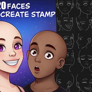 Könnte beinhalten: Digitale Illustration von zwei Cartoon-Gesichtern mit kahlen Köpfen und ausdrucksstarken Augen. Der Text "20 FACES PROCREATE STAMP" steht oben. Rechts befindet sich eine Sammlung von Strichzeichnungen von Gesichtern.