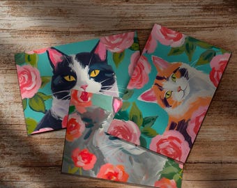 Floral Cat Art Postcards - Set of 3 Whimsical Feline Prints