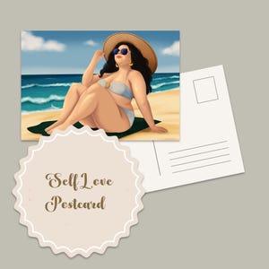 Self Love Postcard | Body Positivity | Beach Aesthetic | Plus Size Woman Illustration | Empowerment Gift | Retro Summer Vibes