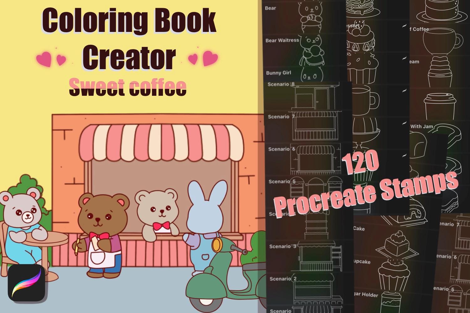 Creador de Libros para Colorear – Sweet Coffee | 120 pinceles sello Kawaii para Procreate y arte de café