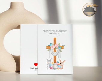 Christian Easter Card: He Is Risen, Floral Cross & Bunnies