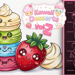 Puede incluir: Una colorida ilustración de "Kawaii Desserts Vol. 2" presenta macarons apilados, una fresa y crema batida. Los macarons son amarillos, verdes, azules y rosas con caras lindas. Una barra lateral rosa muestra dibujos de postres.