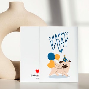 Happy Birthday Pug Greeting Card | Cute Dog Birthday Card | Fun Animal Lover Gift | Minimalist Dog Art | Party Pug Illustration