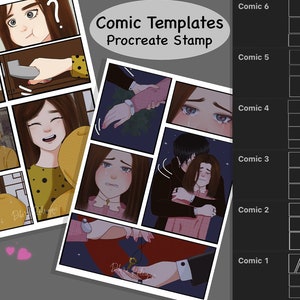May include: Comic Templates Procreate Stamp: A set of six comic panel templates for use with the Procreate app. Each template features a different layout of panels, with a black background and white lines.