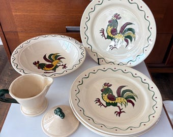 Vintage Metlox Poppytrail California Provincial Rooster Dinnerware, Plates, Serving Bowl, Creamer, Sugar Bowl Lid