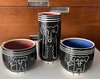 Eileen Goldenberg Pottery Cover Pots & Vase with Cute Dog Design