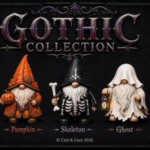 Könnte beinhalten: Ein Set aus sieben dekorativen Figuren mit dem Titel Gothic Collection, die Zwerge als Hexe, schwarze Katze, Kürbis, Skelett, Geist, Mumie und Vampir darstellen. Jeder Zwerg hat einen langen weißen Bart und thematische Kleidung.