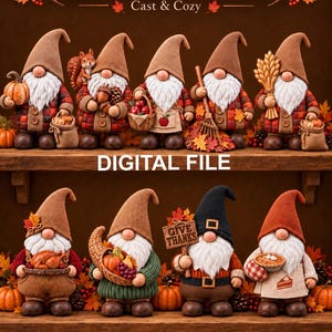Könnte beinhalten: Eine digitale Datei mit neun Gnomen in herbstlicher Kleidung auf zwei Holzregalen. Der Text lautet Fall Harvest Collection, Cast & Cozy, DIGITAL FILE und GIVE THANKS. Die Gnome halten saisonale Gegenstände wie Kürbisse, Äpfel und Weizen.