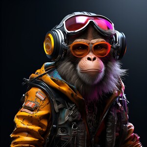 May include: A monkey wearing a yellow and black jacket, a pair of orange sunglasses, and a black and silver headset. The monkey has a serious expression on its face.