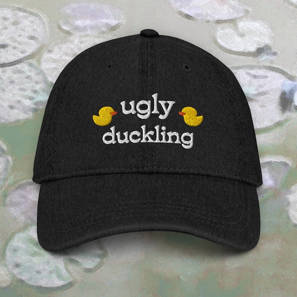 Ugly Duckling Denim Baseball Cap, Rubber Duck Embroidered Dad Hat, Funny Friend Superlative Hat Gift, Odd Weird Gifts | 3+ Black Blue Colors