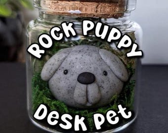 Clay Rock Puppy: Mini Desk Pet in Moss Jar