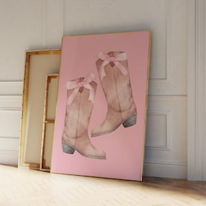 Pink Cowgirl Boots Poster,Western Aesthetic Nursery Printable Art,Cowgirl Decor,Boho Girly Poster,Pink Apartment Painting,1950s Aesthetic