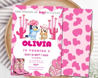 Blue Dog Cowgirl birthday invitation blue dog invitation bluey birthday party invite, Canva Editable