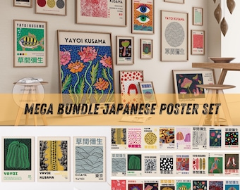 May include: A set of 25 digital prints featuring Japanese art by Yayoi Kusama. The prints are in a variety of colors and designs, including polka dots, flowers, and mushrooms. The prints are perfect for adding a touch of Japanese style to your home decor.