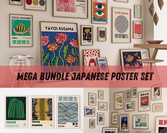 May include: A collection of 20 Japanese-style posters featuring various designs, including flowers, mushrooms, waves, and a fish. The posters are framed and arranged on a wall in a living room setting. The text on the posters includes "YAYOI KUSAMA" and Japanese characters.