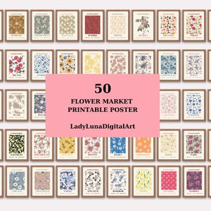 Conjunto de pôsteres do mercado de flores com 50, mega pacote mercado de flores para sala de estar, conjunto de impressão do mercado de flores com nome de cidade famosa, download digital