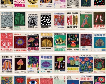 May include: A collection of colorful, abstract art prints featuring the work of Yayoi Kusama. The prints feature a variety of designs, including polka dots, flowers, and pumpkins. The prints are all framed in white and have the artist's name and the title of the work printed on them.