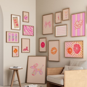 Juego de 18 piezas de arte mural rosa y naranja, arte mural imprimible, decoración de dormitorio preppy, pósteres estéticos de arte mural de galería maximalista para chicas adolescentes.