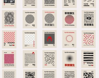 May include: A collection of 20 colorful posters featuring abstract geometric patterns and the text "Yayoi Kusama" and "草間彌生". The posters are in a grid layout with a beige background.