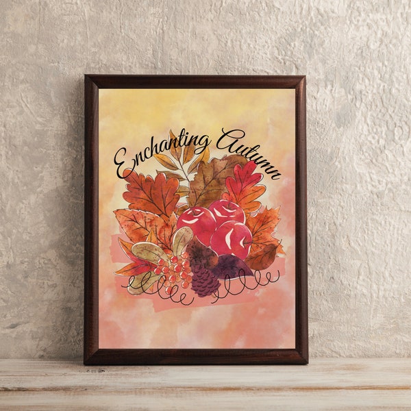 Enchanting Autumn, Beautiful Fall, Apples and Acorn, Printable Art, Graphic Artwork, Wall Art, Home Decor, Eclectic Design Digital Print