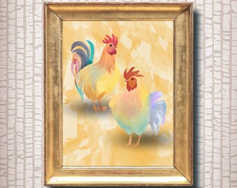 Valiant Duo Rooster | rooster painting, rooster art, rooster wall art, colorful wall art, farmhouse décor, modern farmhouse, eclectic decor