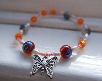 Orange Butterfly Beaded Charm Bracelet Upcycled Beads Gift for Her