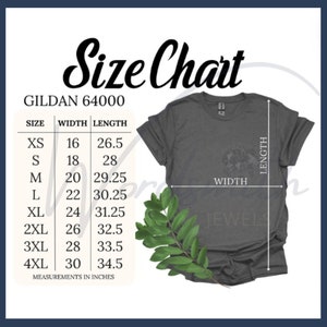 Puede incluir: Tabla de tallas para camisetas Gildan 64000, que muestra las medidas en pulgadas para el ancho y la longitud. Las tallas van de XS a 4XL.