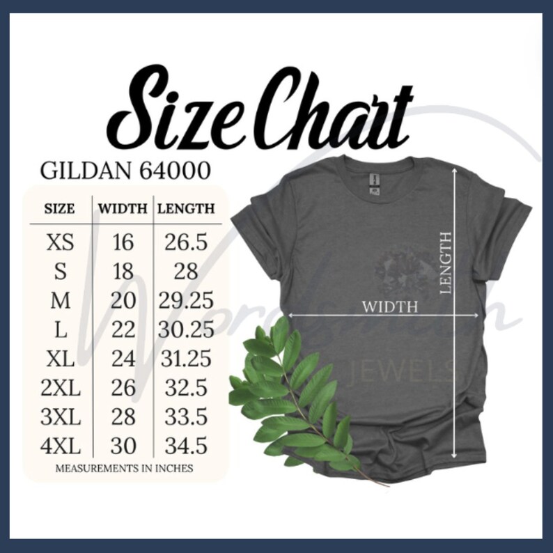 Puede incluir: Tabla de tallas para camisetas Gildan 64000, que muestra las medidas en pulgadas para el ancho y la longitud. Las tallas van de XS a 4XL.