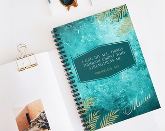 Bible Verse Notebook, Teal Gift, Palm Tree Leaves Gift, Personalized Name Journal, Personalized Notebook, Notebook Lined, Custom Name