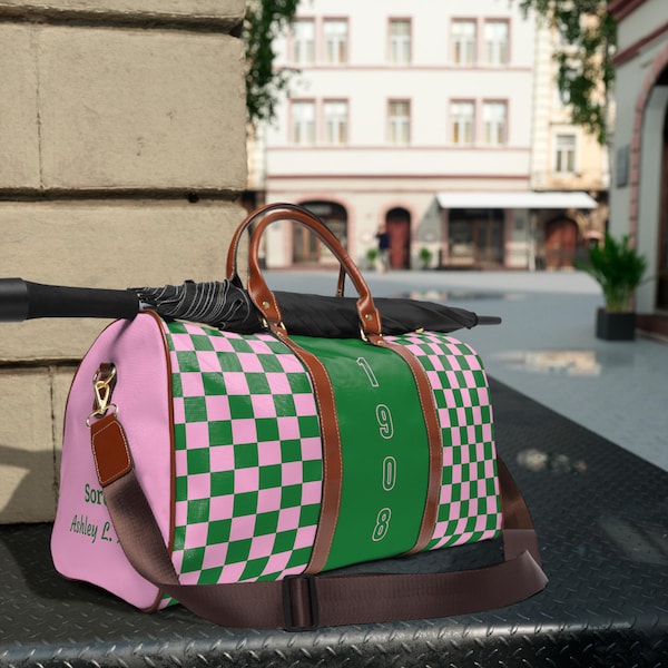 Borsa ispirata a Checkmate AKA, elegante borsone rosa e verde AKA, borsa da weekend per confraternite, borsa da viaggio, regalo personalizzato