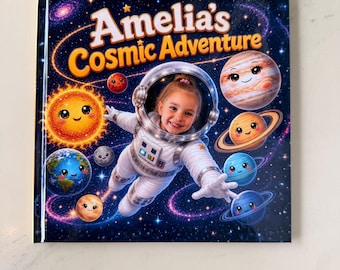 May include: A hardcover book titled Amelia's Cosmic Adventure featuring a dark blue space background with stars and galaxies. The cover displays a child in a white astronaut suit surrounded by colorful, smiling cartoon planets and a sun.